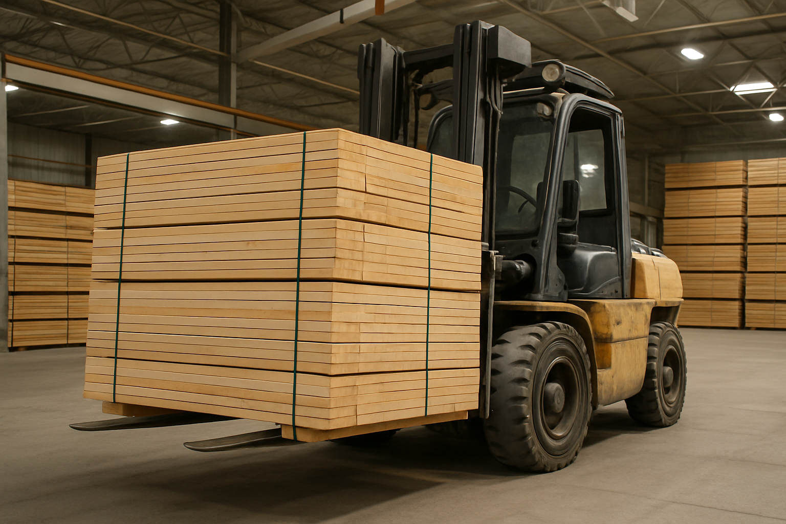 Forklift moving finished lumber in the warehouse