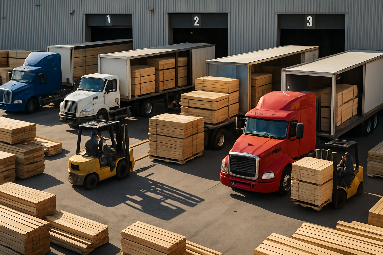 Finished lumber being loaded onto a rail car for shipping