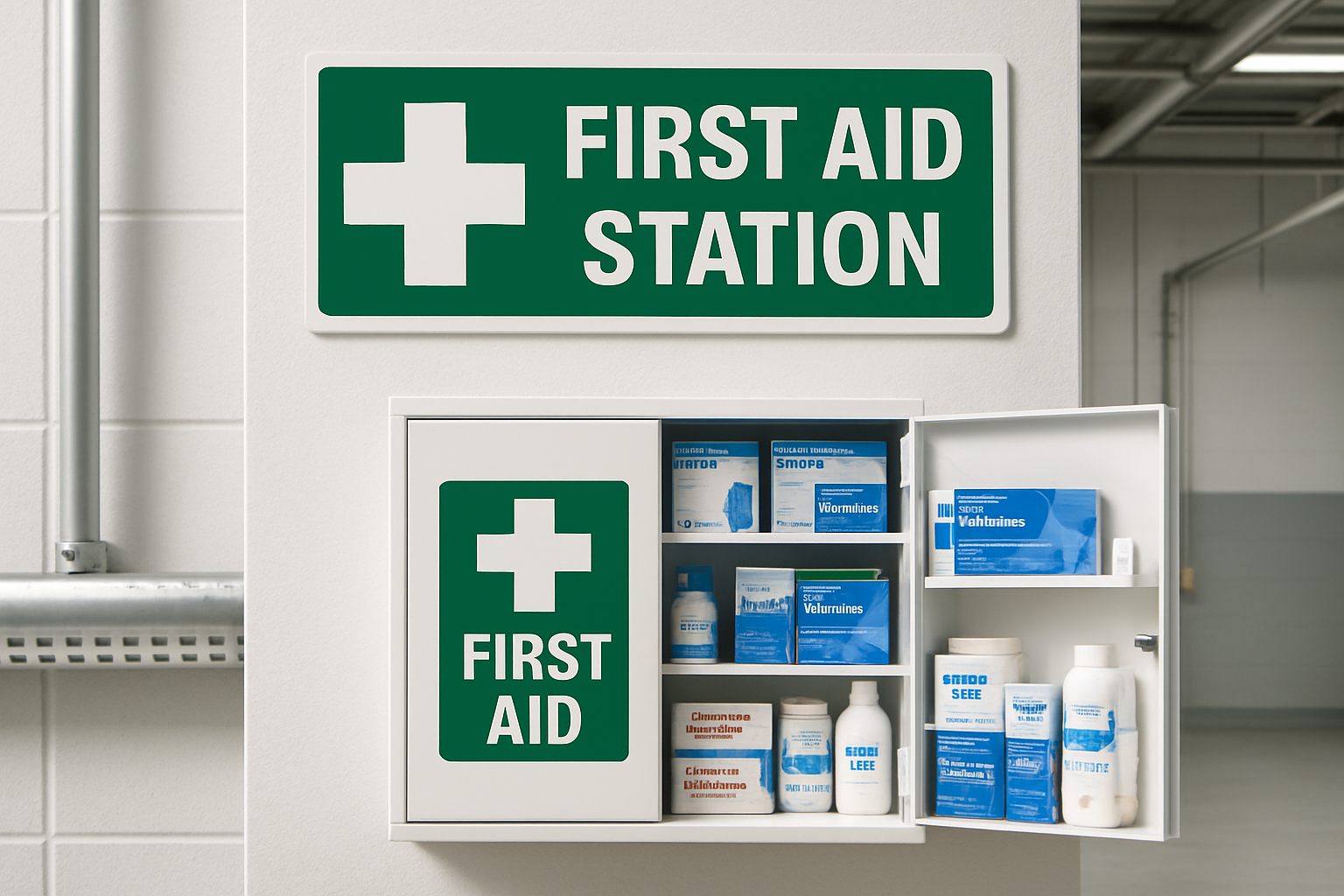 First aid station and safety signage